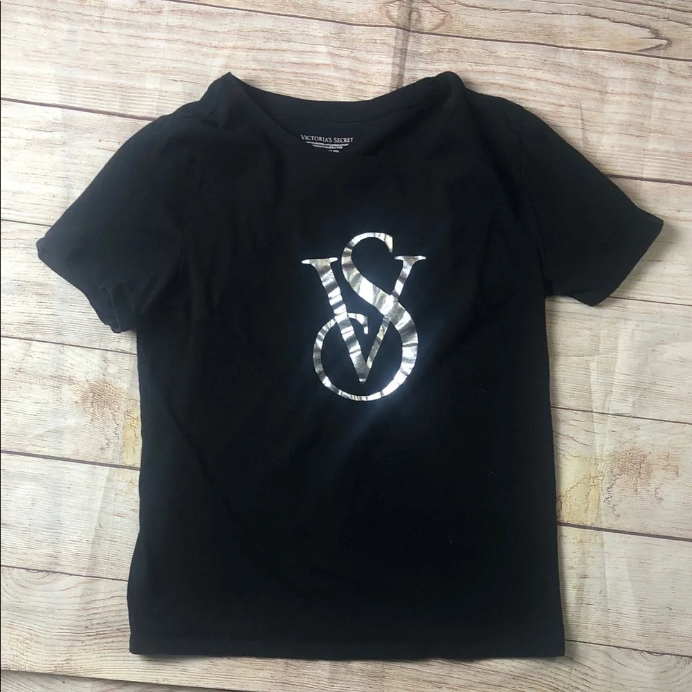 Victoria's Secret Black Tee with Shimmering Silver Logo‎